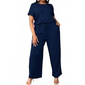 NEW TRENDSI drawstring waist short sleeve jumpsuit in navy